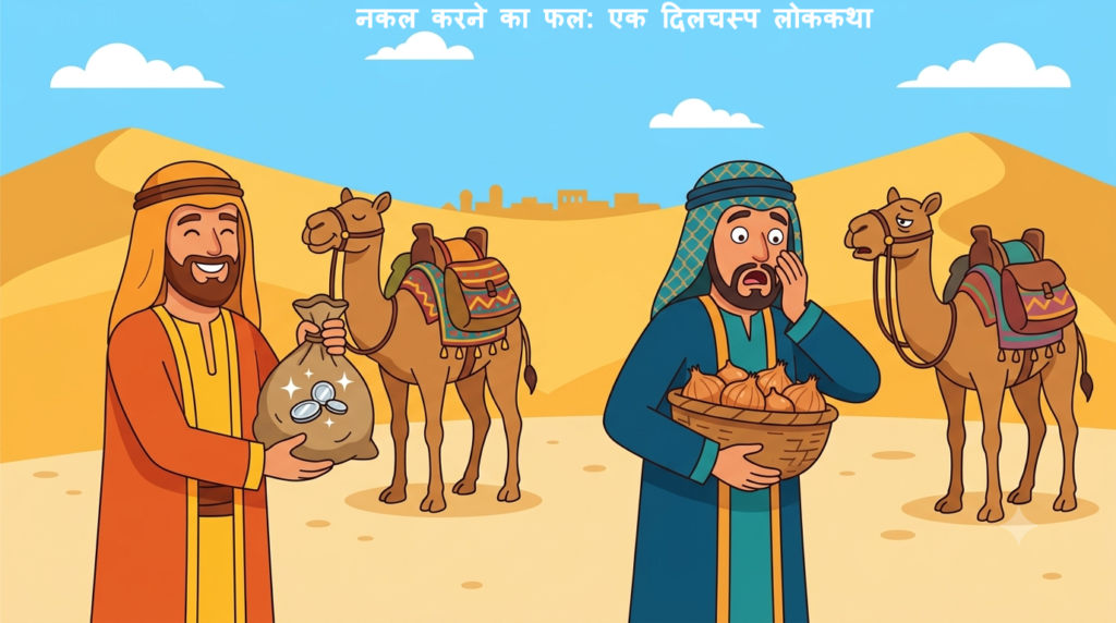 नकल करने का फल हिंदी कहानी - व्यापारी आदिल और इशाक का इलस्ट्रेशन