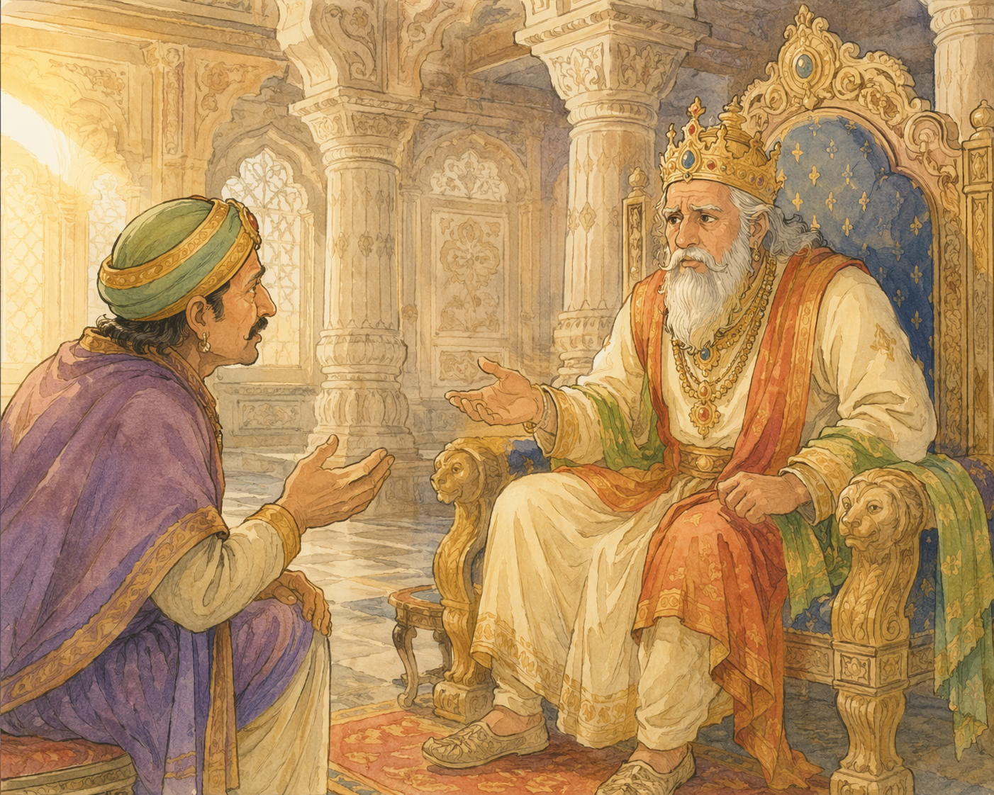 royal counsel in an ornate hall, राजा देवमित्र