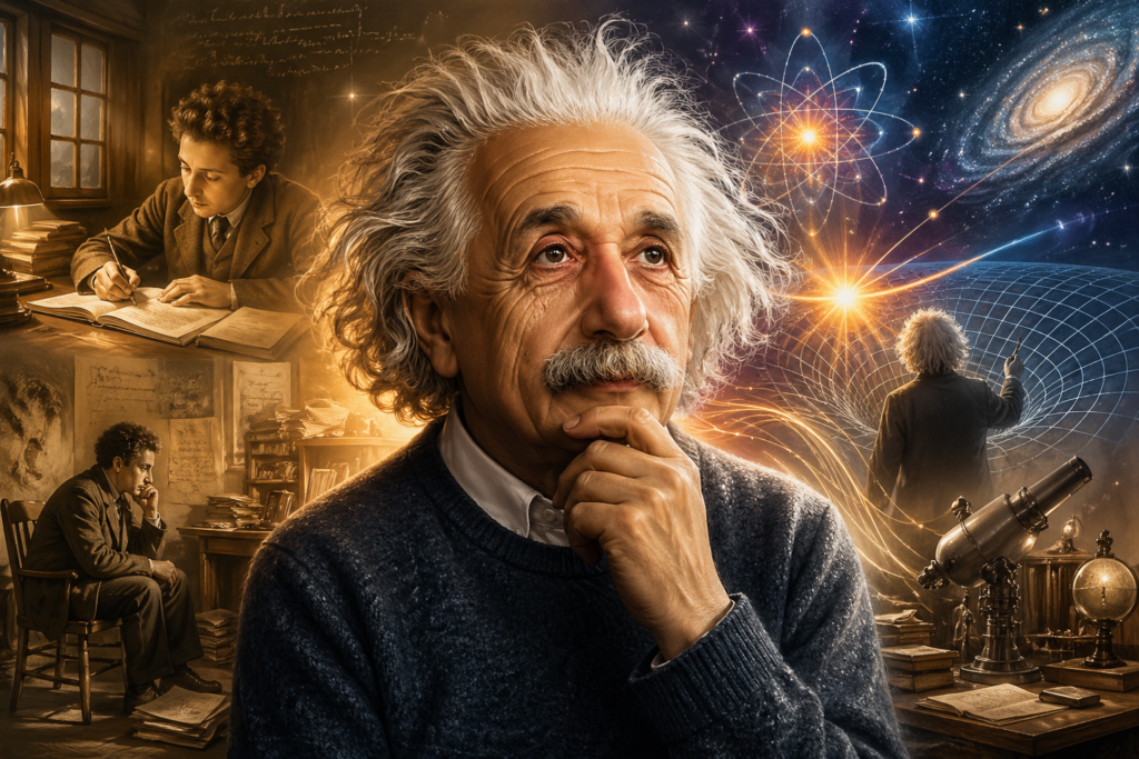 Albert Einstein life and inventions illustration