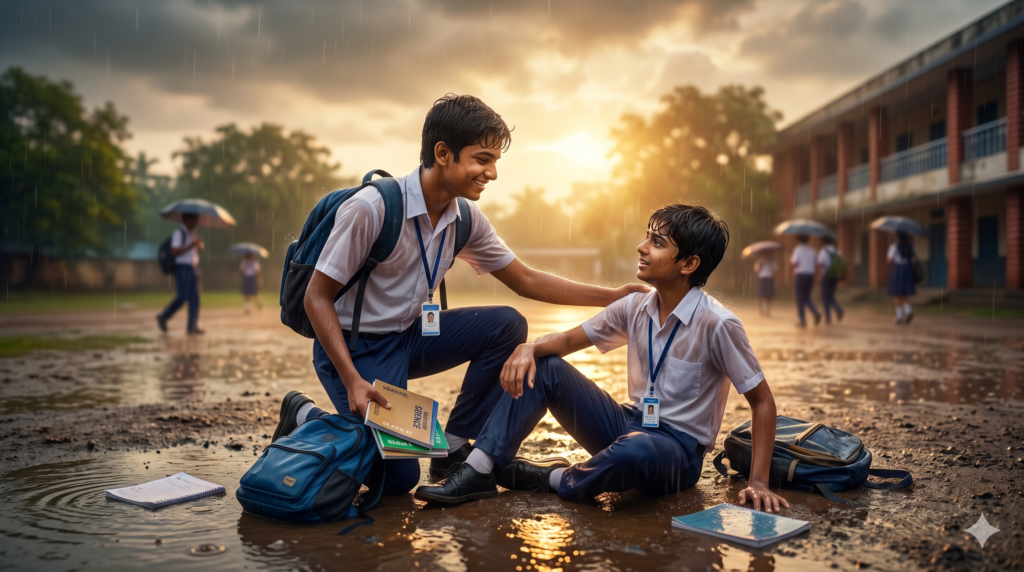 An Indian student helping a classmate in trouble signifying moral duties hindi essay illustration