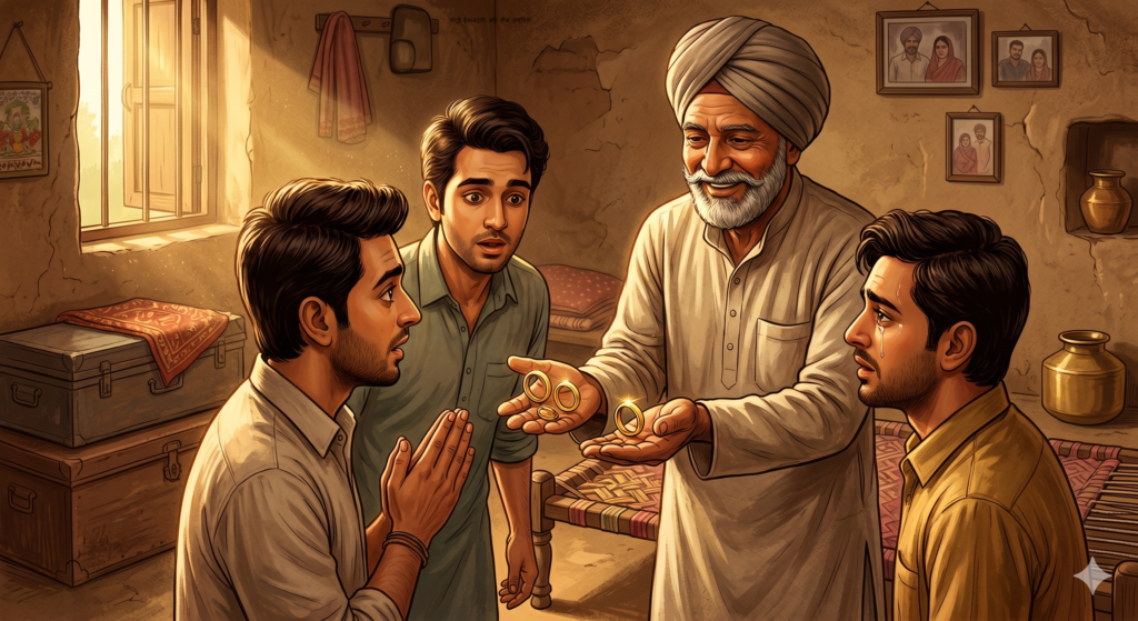 किशन काका अपने तीनों बेटों को सोने की अंगूठियां देते हुए - हिंदी कहानी।