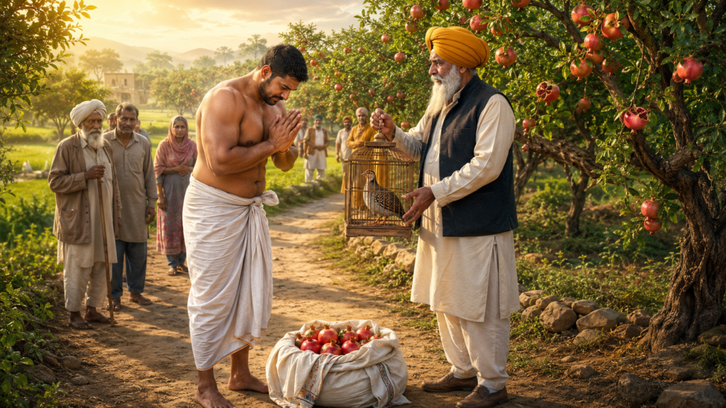 अकबर पहलवान सरदार जी से अपना तीतर वापस लेते हुए, चोरी पर पश्चाताप की नैतिक कहानी