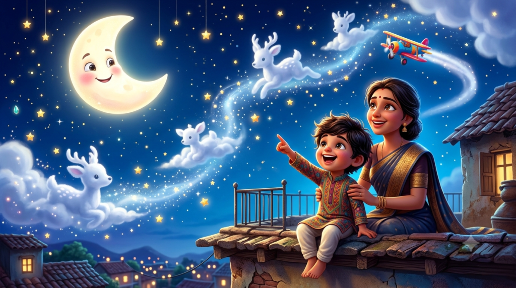 An enchanting illustration of an Indian boy and his mother looking at a magical night sky with a smiling moon and stars.
