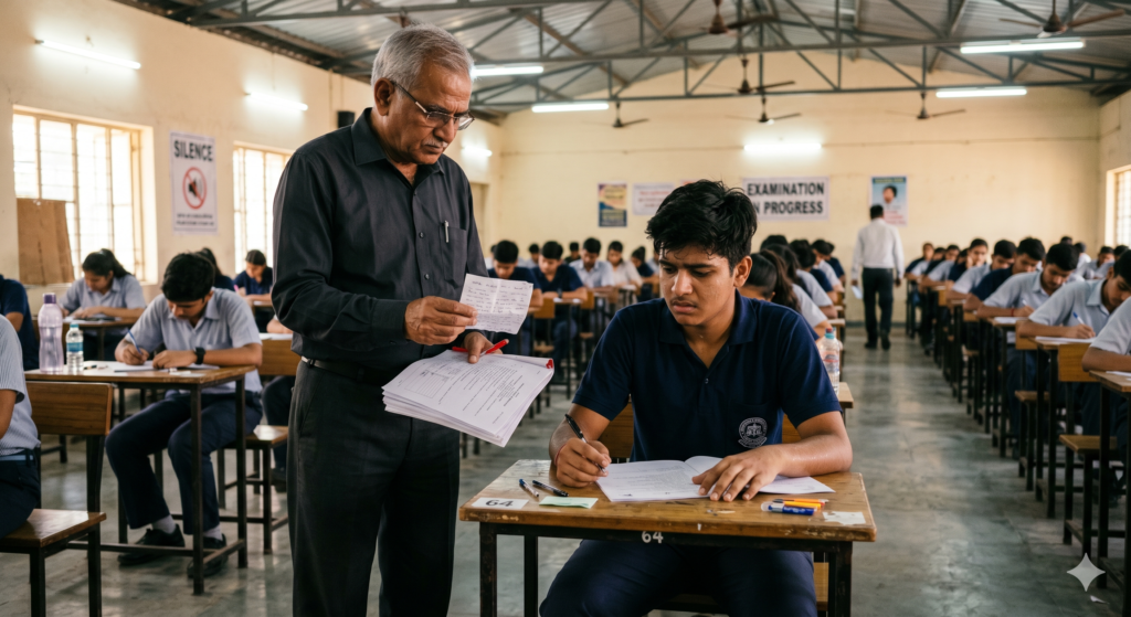 A student caught cheating in exam hall by teacher hindi essay illustration