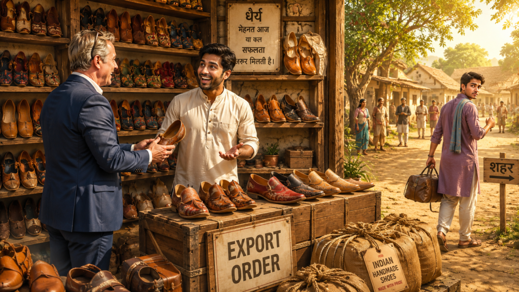 दिनेश अपनी जूतों की दुकान में ग्राहकों की सेवा करते हुए, धैर्य और सफलता की प्रेरणादायक कहानी