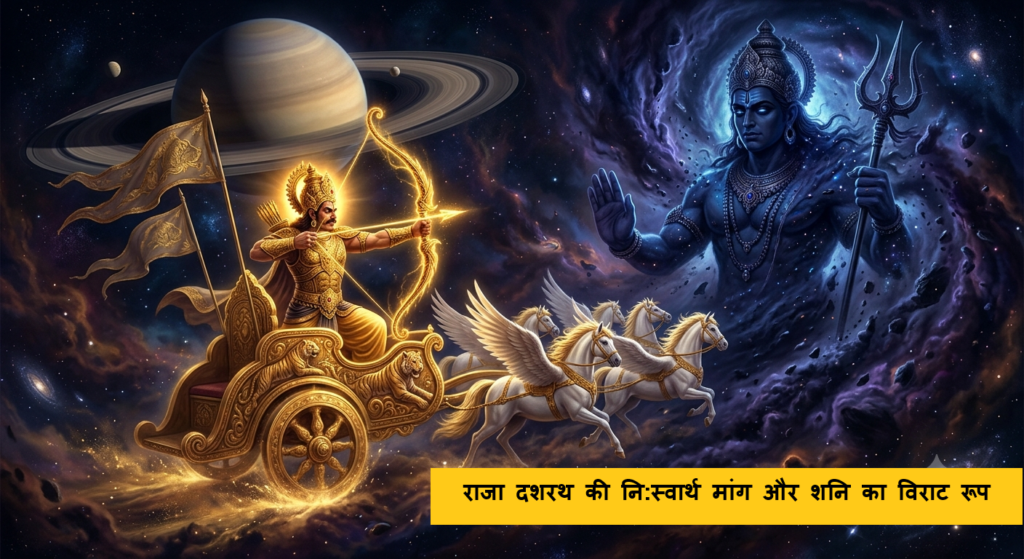 Mythological story illustration of King Dasharatha flying his chariot in space near planet Saturn to meet Lord Shani.