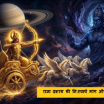 Mythological story illustration of King Dasharatha flying his chariot in space near planet Saturn to meet Lord Shani.
