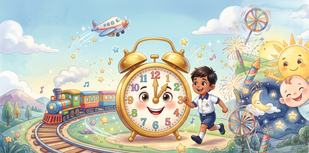 Cute 3D cartoon clock smiling with a school boy and an airplane, illustrating time value for kids.