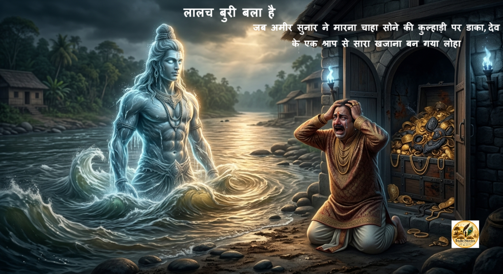 A wealthy greedy goldsmith crying as his gold ornaments turn into rusty iron by the curse of a river deity.