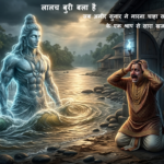 A wealthy greedy goldsmith crying as his gold ornaments turn into rusty iron by the curse of a river deity.