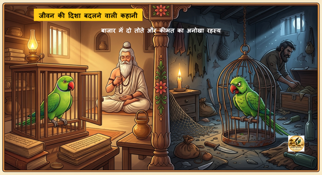 Two identical green parrots in completely different environments showing the effect of good and bad company from Sangat Ka Phal story