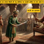 : An ancient Qadi holding a leather whip and an Emperor showing his hidden sword in a historic justice story courtroom scene