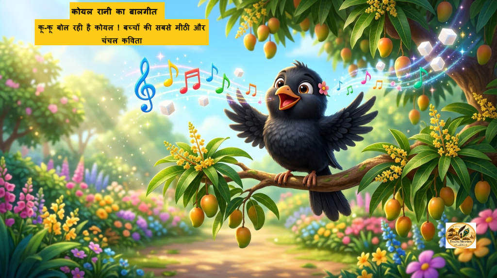 Cute 3D cartoon black cuckoo bird singing happily on a mango tree branch in a spring garden, full of musical notes