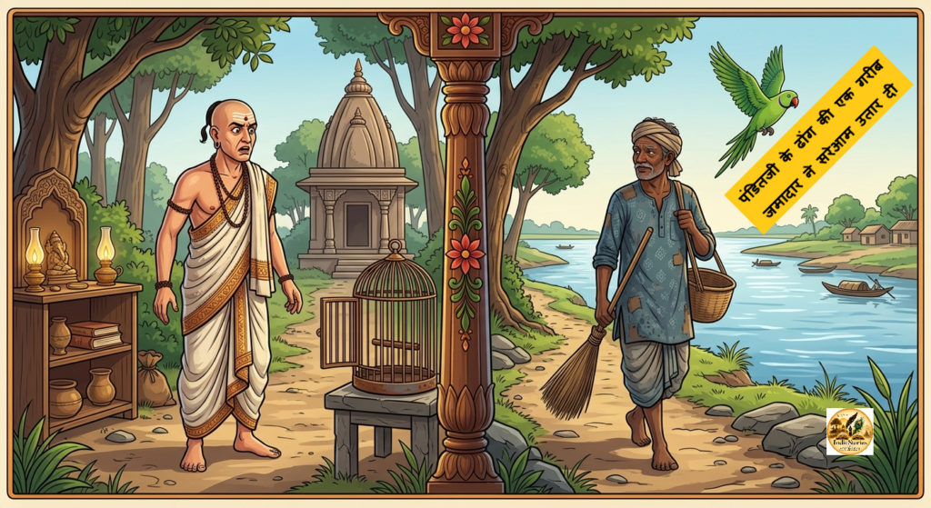 An angry Indian pandit looking shocked at a wise cleaner near the river bank from Krodh Chandal Hota Hai story.