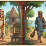 An angry Indian pandit looking shocked at a wise cleaner near the river bank from Krodh Chandal Hota Hai story.