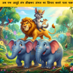 A funny cartoon jackal wearing a crown and riding on a lion's back on top of two elephants in a colorful jungle.