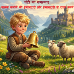 : Shepherd boy Bjorn holding a brass bell in a green pasture, Ghanti Ka Chamatkar story.
