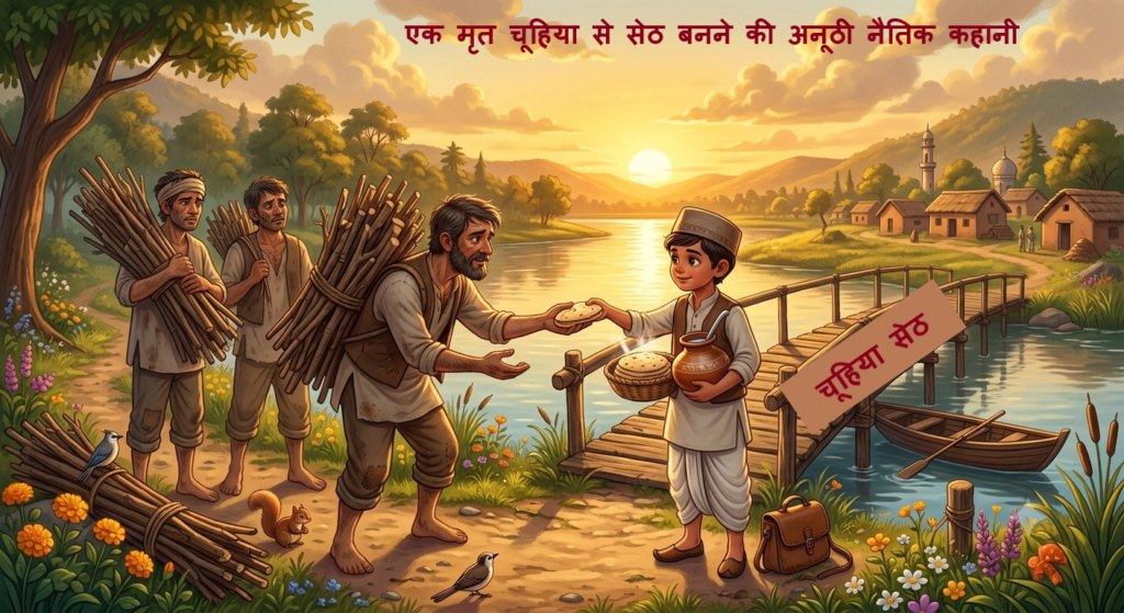 Young boy trading rotis for wood with woodcutters near river, Chuhiya Saudagar story