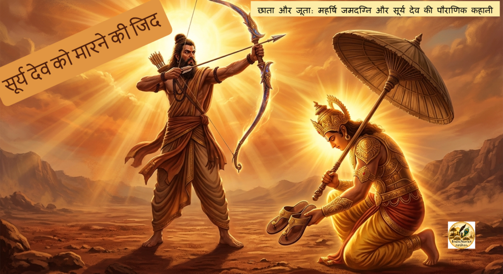 Mythological story illustration of Surya Dev gifting the first umbrella and shoes to sage Jamadagni to calm his anger