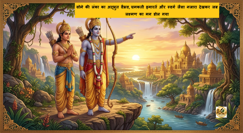 Lord Rama giving advice to Lakshmana about motherland with golden Lanka city in the background.