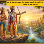 Lord Rama giving advice to Lakshmana about motherland with golden Lanka city in the background.