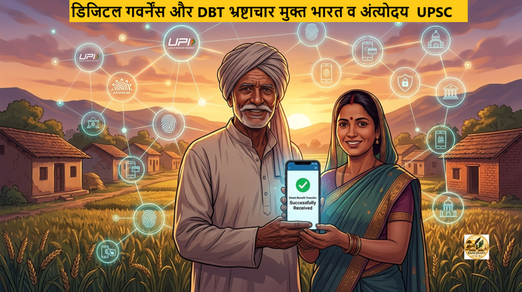 डिजिटल गवर्नेंस और प्रत्यक्ष लाभ अंतरण (DBT) के माध्यम से ग्रामीण भारत में अंतिम व्यक्ति तक वित्तीय समावेशन का दृश्य।