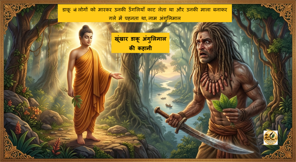Khunkhar dacoit Angulimala holding leaves and dropping his sword before peaceful Lord Buddha in the forest from Todo Nahi Jodo story.