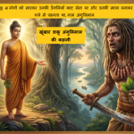Khunkhar dacoit Angulimala holding leaves and dropping his sword before peaceful Lord Buddha in the forest from Todo Nahi Jodo story.