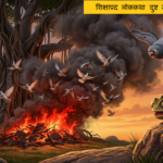 A wicked chameleon smiling from a rock while a massive banyan tree is filled with smoke and pigeons are trying to escape.