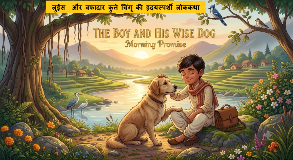 Blind boy Luise sitting with his loyal dog Chingu on the riverbank, Punya aur Paap story