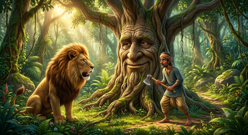 A wise ancient tree with a face watching a carpenter with an axe standing near a fierce lion in a dense jungle.