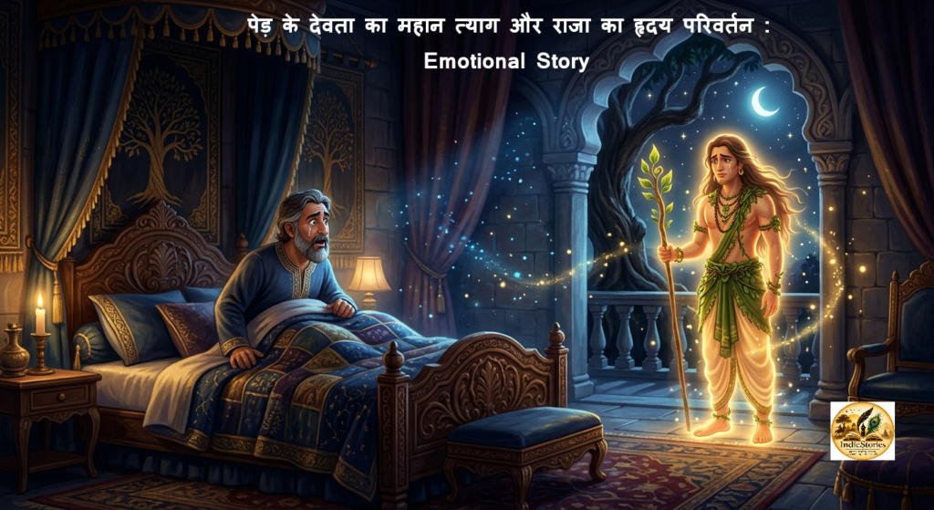 A glowing divine tree spirit standing and crying in front of a king in a royal bedroom at night.