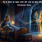 A glowing divine tree spirit standing and crying in front of a king in a royal bedroom at night.
