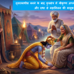 Emperor Lord Krishna hugging his emotional old mother Yashoda in an ancient camp under a starry night sky.