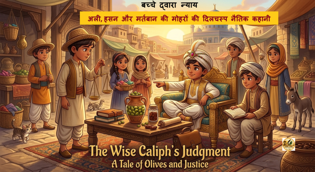 Wise boy acting as a caliph solving the olive jar dispute in Bacche Ka Nyay story