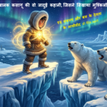Brave young boy Kasagu displaying inner strength against giant polar bears in snowy landscape from Bal Ka Srot story.
