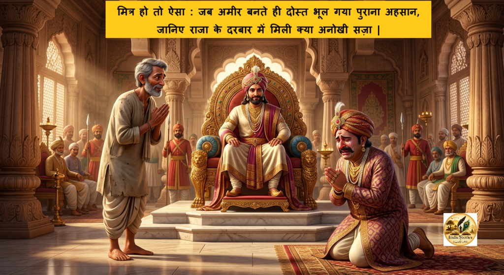 A rich merchant kneeling and crying in front of a king while his humble poor friend stands kindly in an ancient Indian courtroom