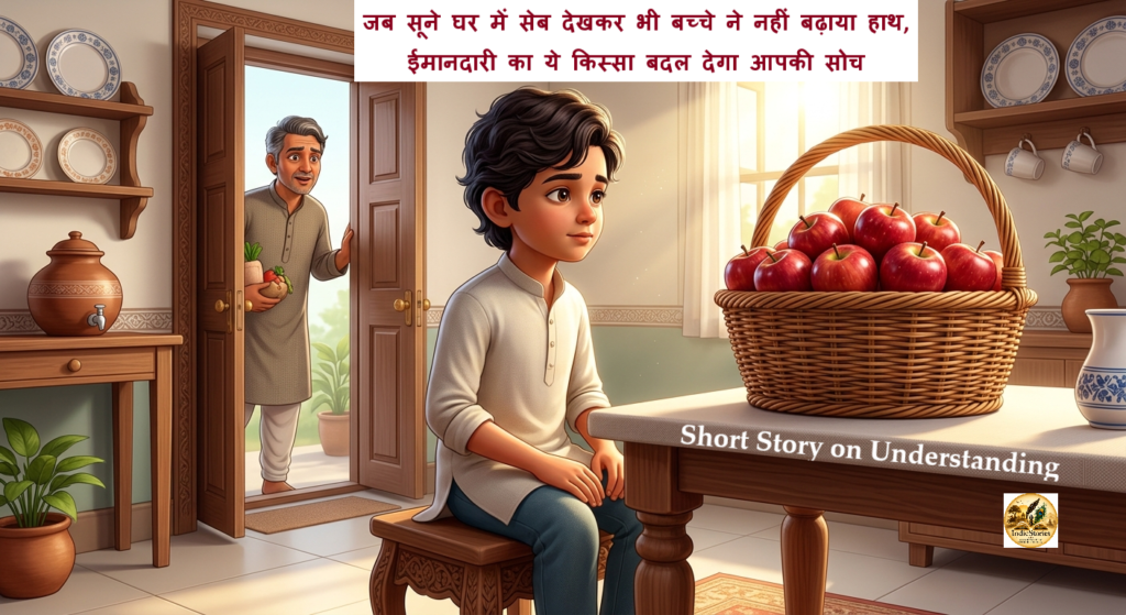 An honest young Indian boy looking at a basket of red apples without touching them in a room from Ladke Ki Samajhdari story
