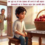 An honest young Indian boy looking at a basket of red apples without touching them in a room from Ladke Ki Samajhdari story