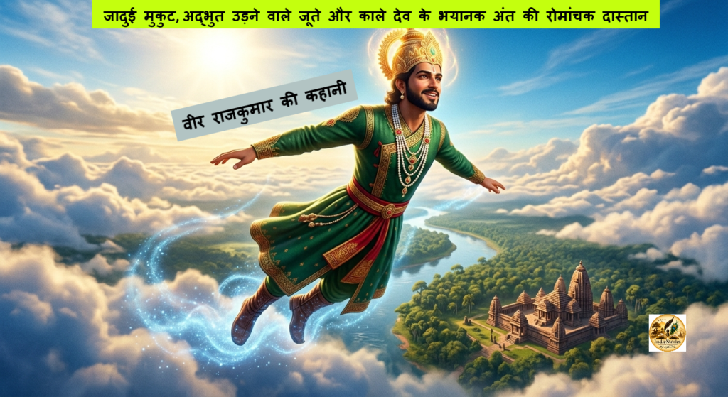 Brave prince Bantu wearing magical flying crown and glowing shoes flying in the sky from Veer Rajkumar story.
