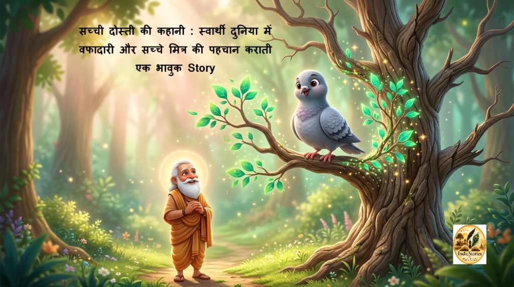 A kind sage looking at a loyal cartoon pigeon on a dry tree that is magically turning green, illustrating a true friendship story.