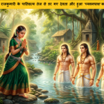 Mythological story illustration of princess Sukanya identifying her husband Sage Chyavana among the identical Ashwini Kumaras after he became young.