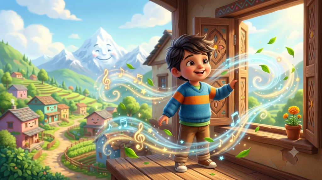 Magical 3D cartoon illustration of a boy enjoying the swirling wind gusts from the window with mountains in the background