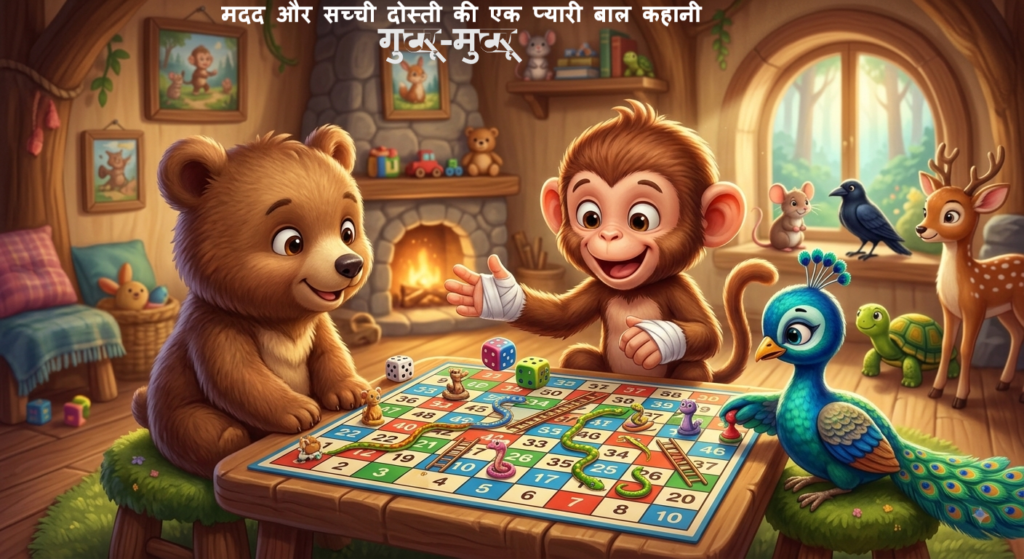 गुटरू-मुटरू बंदर अपने दोस्तों के साथ साँप-सीढ़ी खेलते हुए - Gutru Mutru Bandar Ki Kahani.