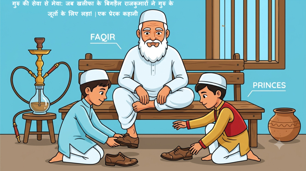 गुरु की सेवा से मेवा कहानी पंचतंत्र: राजकुमार गुरु के पैरों में जूता पहनाने के लिए सेवा भाव दिखाते हुए फीचर्ड इमेज
