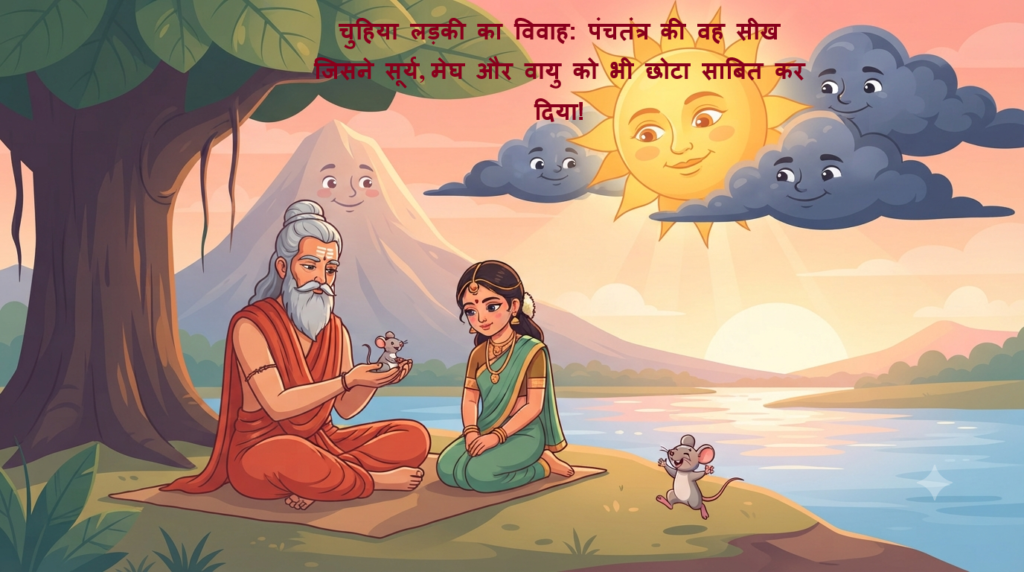 चुहिया लड़की का विवाह कहानी पंचतंत्र: ऋषि याज्ञवल्क्य, चुहिया लड़की, सूर्य, मेघ और चूहे के साथ फीचर्ड इमेज