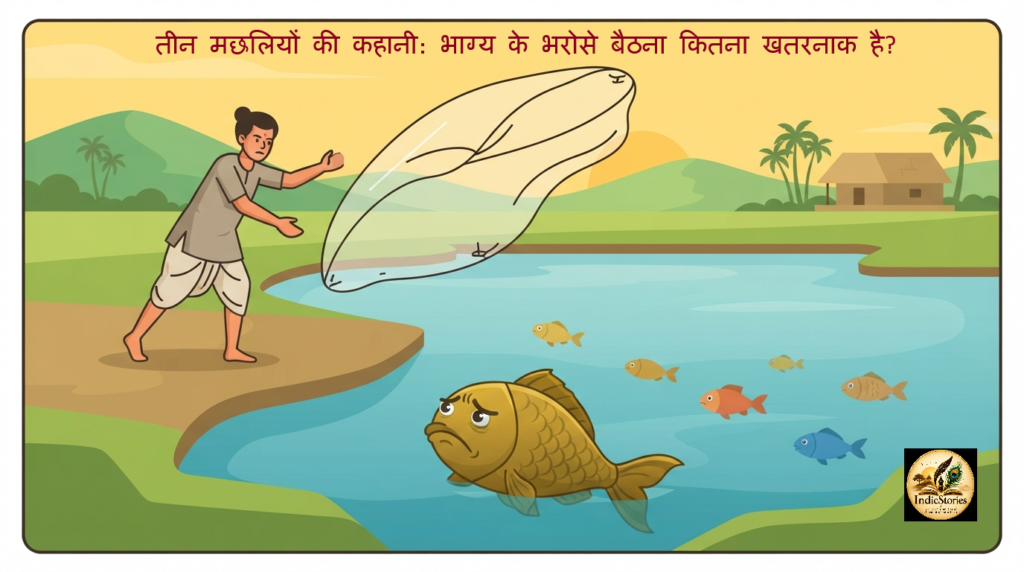 तीन मछलियों की पंचतंत्र कहानी का दृश्य - 2D वेक्टर इलस्ट्रेशन